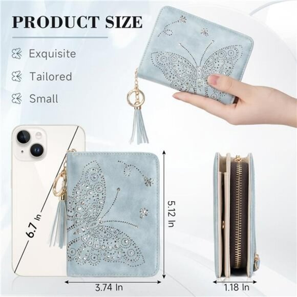 RFID Small Bifold Wallet Blue Butterfly Card Holder Zip Coin Purse for Women - Picture 6 of 7